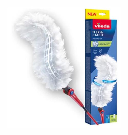 Pamatuf de praf Vileda cu maner lung + 1 rezerva Flex&Catch (Alb/Rosu)