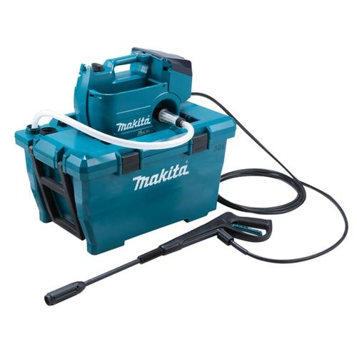 Aparat de spalat cu presiune pe acumulator Makita DHW080ZK, 2 X 18 V, presiune maxima 80 bar, debit max. 380 l/h, rezervor 50 l, motor fara perii, absorbtie max. 1 m, furtun 5 m, fara incarcator si acumulator in setul de livrare