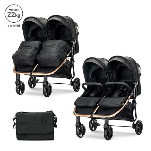 Carucior pentru gemeni Lorelli Duo, pana la 22 kg per copil, cadru din aluminiu, spatar reglabil pozitii multiple, geanta inclusa, Negru