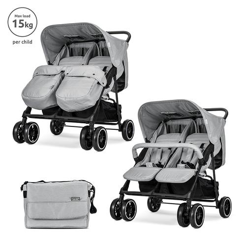 Carucior pentru gemeni Lorelli Twin, reglabil individual, pana la 15 kg per copil, geanta pentru mama inclusa, Gri
