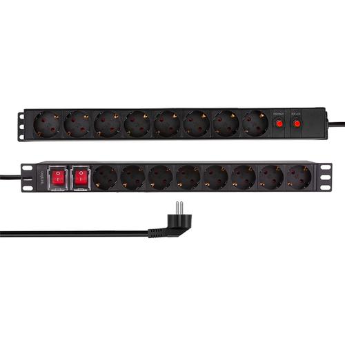 Prelungitor PDU LOGILINK 1U pentru rack 19 inch, 16 prize Schuko, intrare Schuko, max 16 A, dispuse 8 schuko front + 8 schuko back, ON/OFF x 2, prot. Suprasarcina, 2 m, Negru