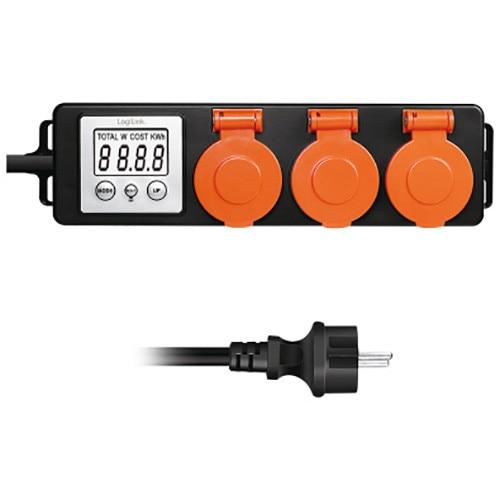 Prelungitor de exterior Logilink EM0008, 230 V, 3 x schuko, 16 A, 3600 W max., IP44, contor cost energie, ecran LCD 2.2inch