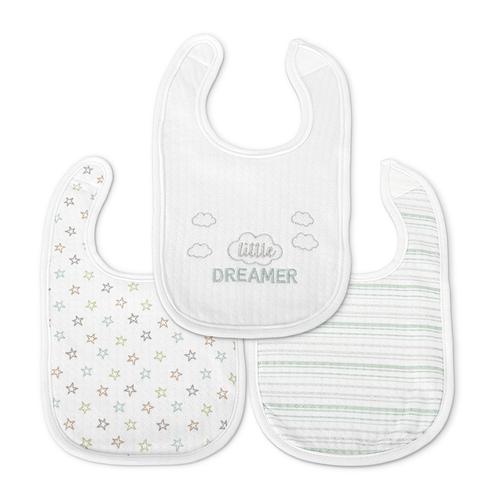 Set 3 bavete bumbac pentru nou-nascut Lorelli, inchidere cu velcro, potrivit pentru hranire si in perioada eruptiei dentare, 0 luni+, Alb
