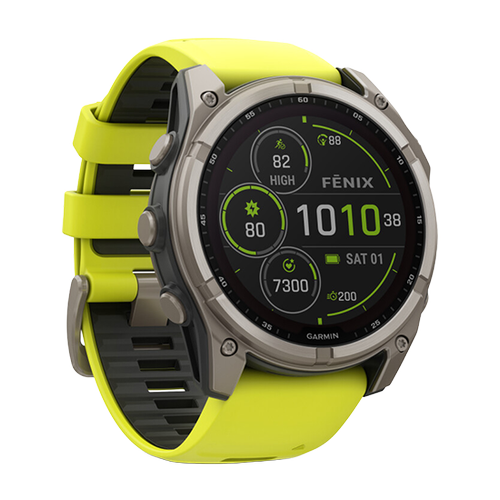 Smartwatch Garmin Fenix 8 Solar, 51mm, Ecran MIP Power Sapphire 1.4inch, Wi-Fi, GPS, 32GB Flash, Silicone Band, 10 ATM (Galben/Gri)