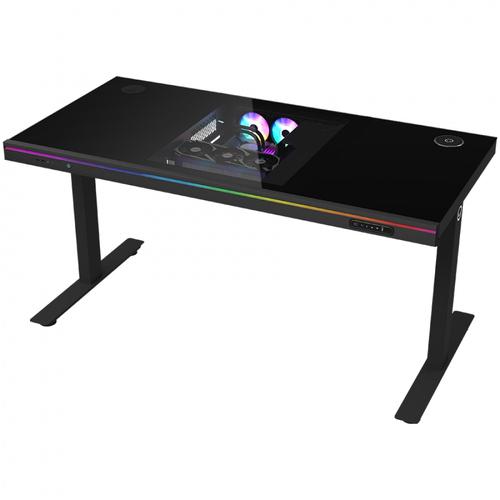 Birou gaming LORGAR DESK ELITE 90, sticla calita, ajustare electrica inaltime 720-1160 mm, dimensiuni 1405x680 mm, incarcare wireless 15W, iluminare RGB (Negru)