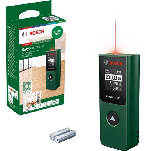 Telemetru digital cu laser Bosch Easy Distance 20 0603672A00 20 m domeniu masurare, 635 nm dioda laser, ± 3.0 mm/m precizie, 0.5 s timp masurare, clasa laser 2, 2 x 1.5 V LR03