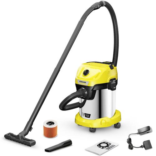Aspirator Karcher cu acumulator WD 3-18 S /Battery Set, 1.628-576.0, Aspirare umeda si uscata, Baterie de 18 V, Recipient de 17 L din otel inoxidabil, Furtun de 2 m , Include bateria Karcher de 18 V/5,0 Ah si incarcator de baterie, Galben/N