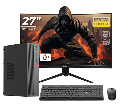 Calculator OptimX T5 SFF cu procesor Intel Core i5-9400, 8GB DDR4, 256GB SSD, Win11 Pro si Monitor Curbat 27inch FHD, IPS, LED + kit tastatura si mouse Pro KM500 cu fir