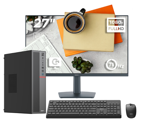 Calculator Sistem PC Office Complet OptimX T5 SFF cu procesor Intel Core i5-9400,16GB DDR4, 512GB SSD, Win11 Pro și Monitor 27" FHD, IPS, LED + kit tastatura si mouse Pro KM500 cu fir
