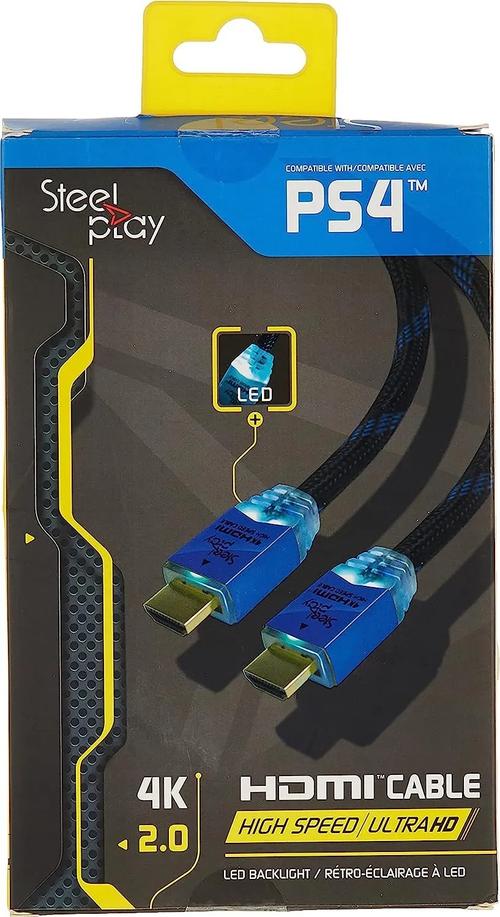 Cablu HDMI Steel Play, iluminare LED, 2m, 4K HDMI 2.0, High-Speed, Pentru PlayStation 3 si Playstation 4 (Negru/Albastru)