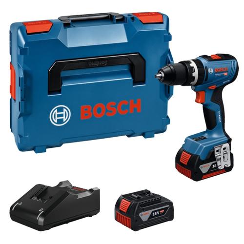 Masina de gaurit si insurubat (bormasina) cu impact pe acumulator Bosch Professional GSB 18V-65, 06019N3303, 18V, 550/2100 RPM, 65/31Nm, mandrina metalica, kickback control, motor fara perii, 2 acumulatori GBA 18V 5.0Ah, incarcător rapid, L