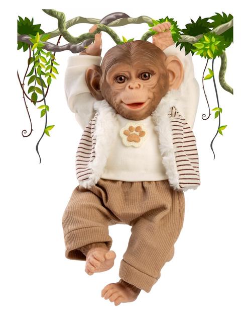 Papusa reborn maimuta Guca, 32 cm, corp din material textil, design expresiv si pietenos, cu pantalon raiat bej, tricou si hanorac, 3 ani+