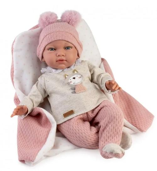 Papusa realista cu corp moale Guca Nerea, 42 cm, corp textil si membre din vinil, cu paturica si accesorii incluse