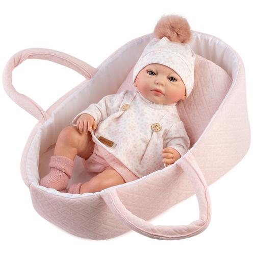 Papusa reborn prematura Guca Silvia, 38 cm, in cosulet roz, pictata manual, corp textil si membre din vinil, cu accesorii incluse