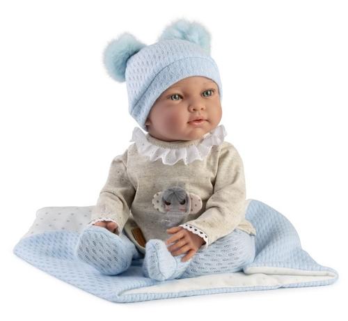 Papusa realista cu corp moale Guca Marc, 42 cm, corp textil si membre din vinil, cu paturica si accesorii incluse
