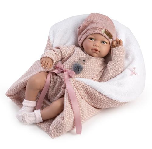 Papusa clasica Guca Blanca, 38 cm, corp moale cu greutate, cu hainute si patura roz de lana incluse