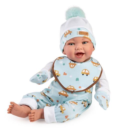 Papusa clasica Guca Dani, 42 cm, corp textil si membre din vinil, cu salopeta albastra si accesorii