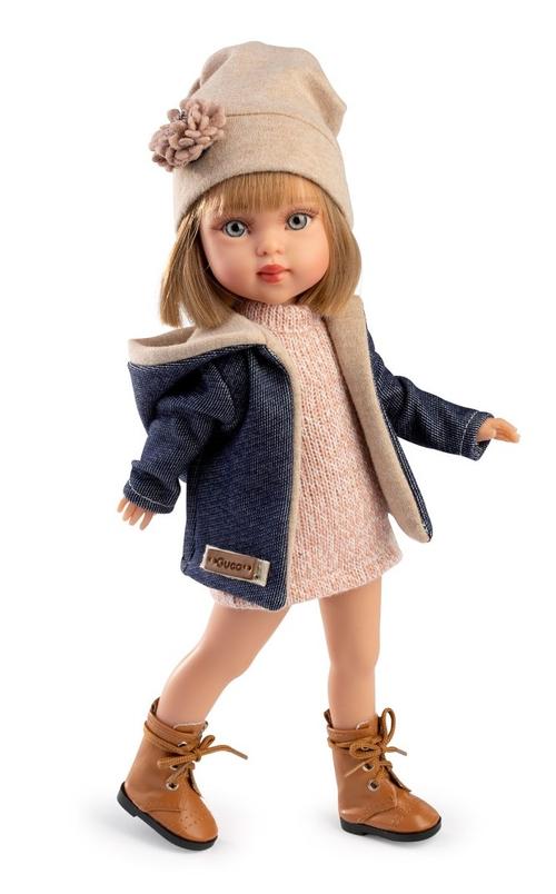 Papusa fashion Guca Penelope Madrid, 33 cm, par blond drept, corp din vinil, cu outfit complet