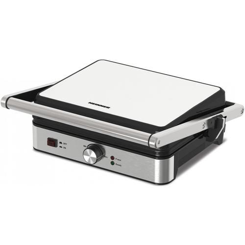 Grill electric Heinner SunsetGrill HEG-K2000SS, 2000W, Placi fixe cu invelis antiaderent, Dimensiuni placi: 30 X 24.9 cm, Temperatura reglabila, Maner rece, Deschidere 180˚, Indicatoare luminoase „ON” și „gata de folosire”, Tava colectare u