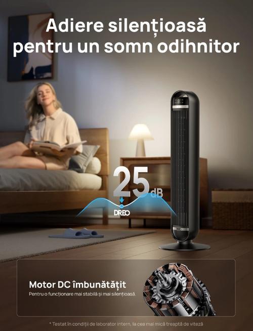 Ventilator Turn DREO Nomad DR-HTF014, 8 viteze, 4 functii, 92cm, oscilatie 90°, HyperSilent 25dB, telecomanda (Negru)