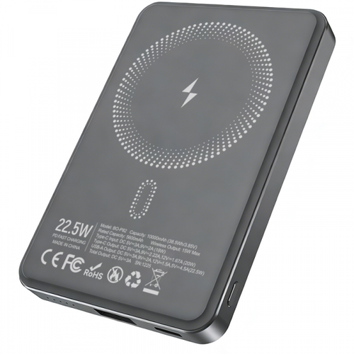 Baterie Externa Wireless BWOO BO-P82, 10000mAh, 22.5W, PD + FQI, 1 x QI - 1 x USB-C (Gri)