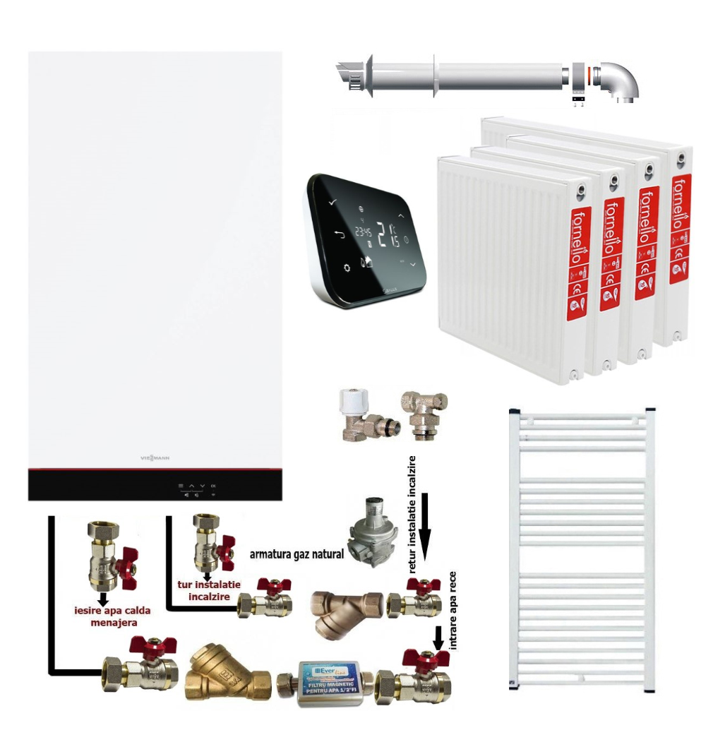 Pachet apartament cu 3 camere, centrala termica murala cu condensare Viessmann Vitodens 050-W tip B0KA 25 kW, termostat Salus IT 500, kit evacuare inclus, calorifere otel, kit armaturi centrala, robineti calorifer