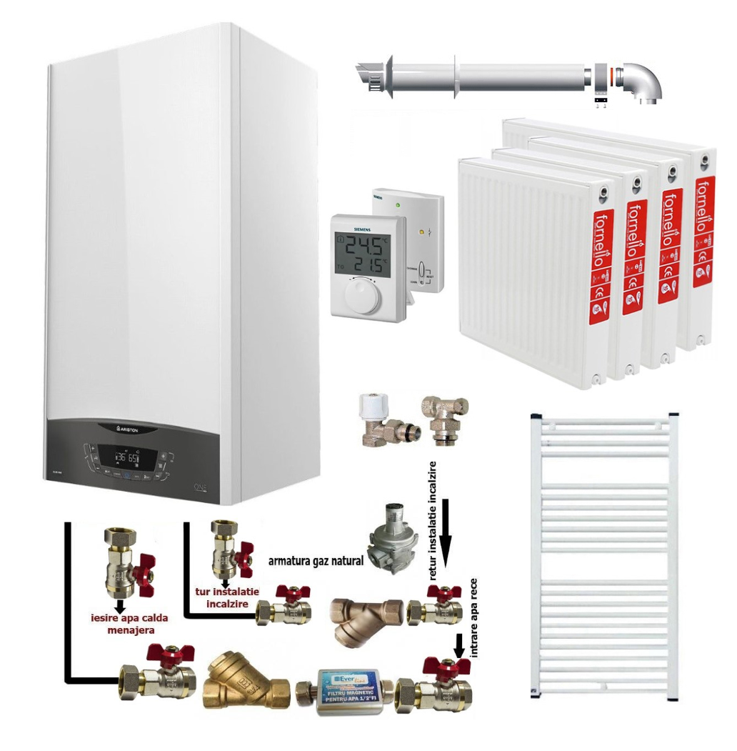 Pachet apartament cu 3 camere, centrala termica murala in condensare Ariston CLAS ONE+ WI-FI 24, Gaz, termostat, 24 kW, Doua schimbatoare de caldura, Display digital, schimbator primar inox, kit de evacuare inclus, calorifere otel, kit arma