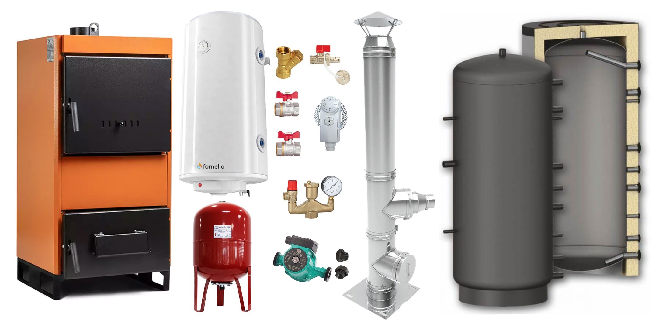 Pachet Centrala pe combustibil solid Fiama W 45 kW, Puffer 1000 litri, Cos inox, Boiler Termoelectric, Vas Expansune, Pompa si Fitinguri Montaj