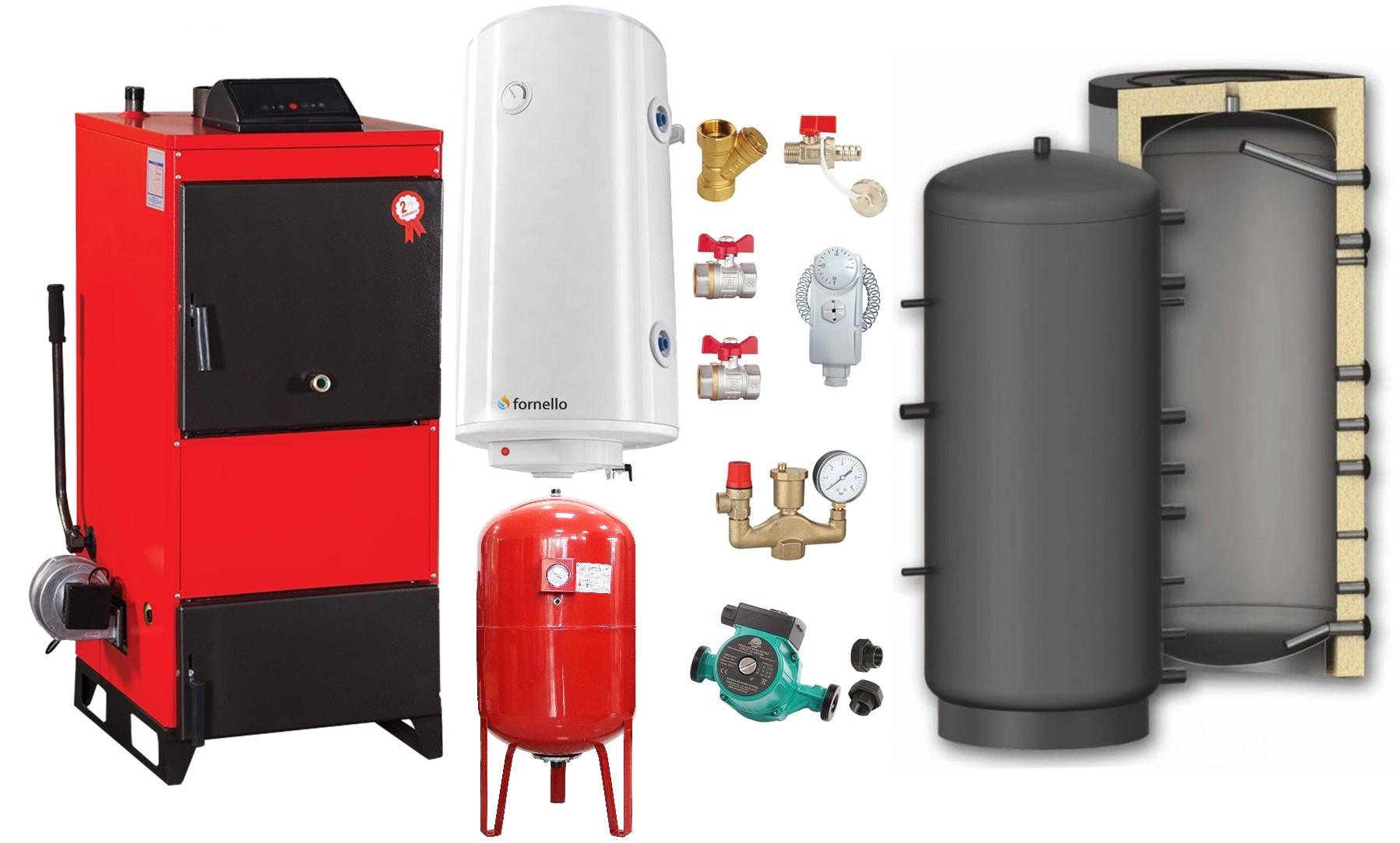Pachet Centrala pe combustibil solid Fiama D2-60 Putere 70 kW, cu Ventilator si Automatizare, Puffer 1000 litri, Boiler Termoelectric, Pompa, Vas Expansiune si Fitinguri