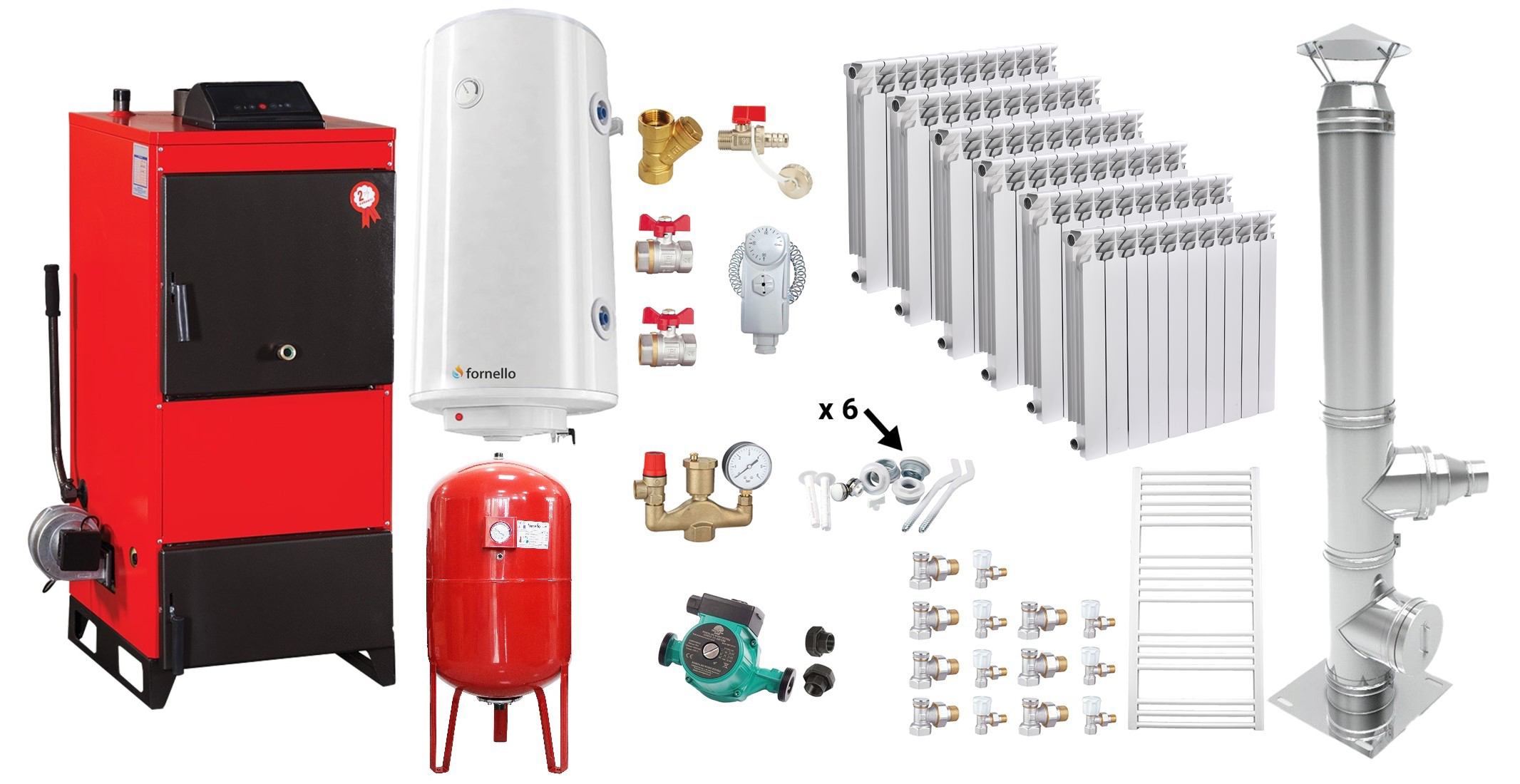 Pachet Centrala pe combustibil solid Fiama D2-60 Putere 70 kW, cu Ventilator si Automatizare, Cos Inox, Calorifere aluminiu Fornello Alvo, Boiler Termoelectric, Pompa, Vas Expansiune si Fitinguri
