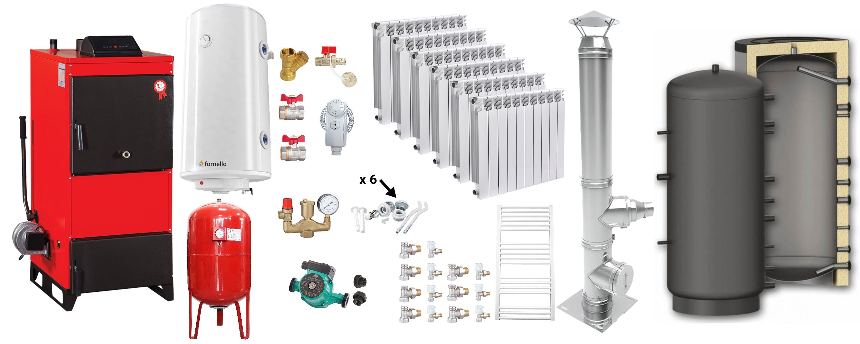 Pachet Centrala pe combustibil solid Fiama D2-60 Putere 70 kW, cu Ventilator si Automatizare, Puffer 1000 litri, Cos Inox, Calorifere aluminiu Fornello Alvo, Boiler Termoelectric, Pompa, Vas Expansiune si Fitinguri