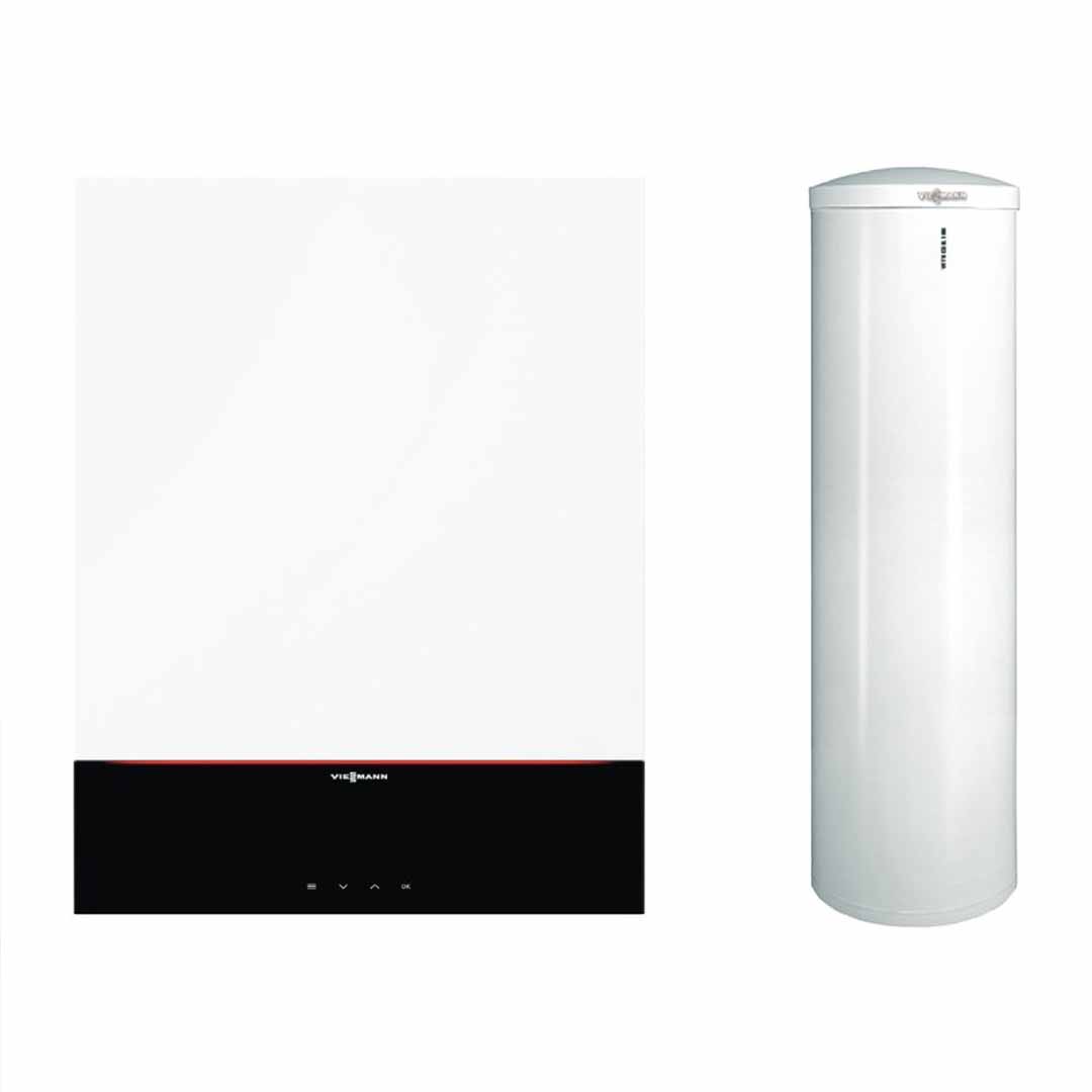 Pachet centrala termica in condensatie Viessmann Vitodens 100-W B1HF 32 kW cu boiler bivalent Vitocell 300 litri, kit de evacuare inclus