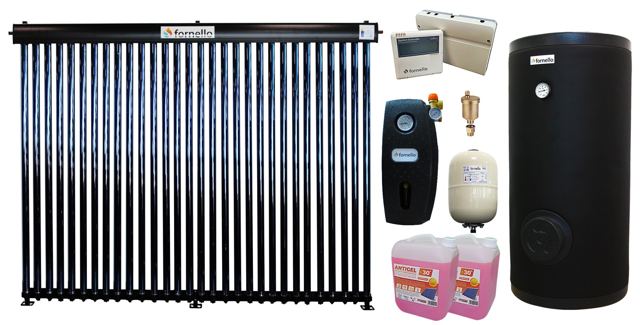 Pachet sistem solar presurizat, panou Fornello 30 Tuburi Heat Pipe, Grup pompare, Boiler de SOL cu 2 serpentine Fornello 300 LT 2S, Controller, Vas expansiune, Aerisitor 1/2, Antigel