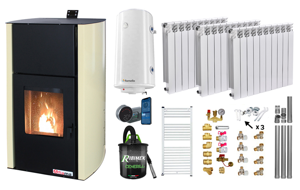 Pachet control de la distanta, Termosemineu pe peleti Fornello Fiama Confort 12 kw, Pompa, Vas expansiune, Automatizare, Calorifere aluminiu Fornello Alvo, Boiler 100 litri, Termostat, Aspirator, Kit 3.5 ml si Fitinguri montaj