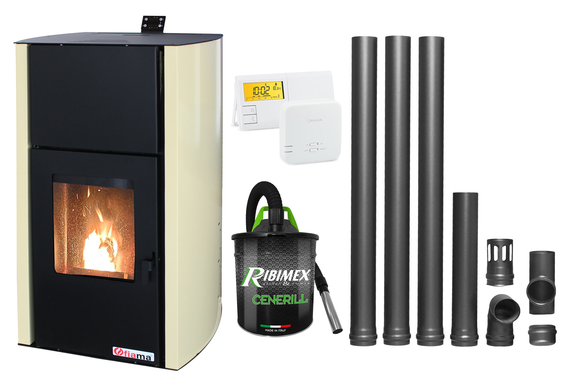Pachet Termosemineu pe peleti Fornello Fiama Confort 18 kw, complet echipat pentru incalzire, Pompa, Vas expansiune, Automatizare, Termostat Radio Comanda Salus 091FLRFV2, Aspirator Cenusa si Kit evacuare 3.5 ml