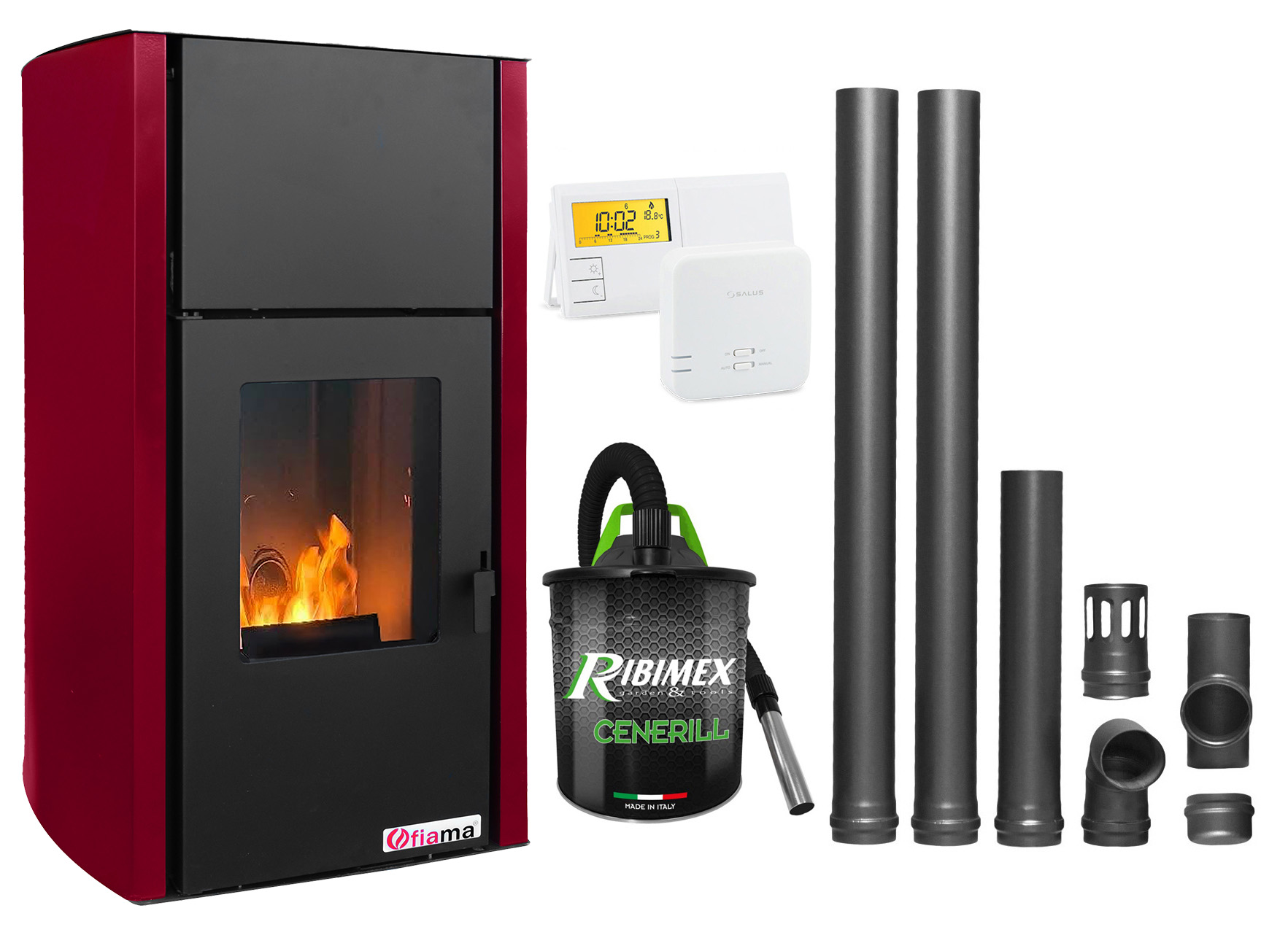 Pachet Termosemineu pe peleti Fornello Fiama Confort 25 kw, culoare Bordeaux, complet echipat pentru incalzire, Pompa, Vas expansiune, Automatizare, Termostat Radio Comanda Salus 091FLRFV2, Aspirator Cenusa si Kit evacuare 2.5 ml