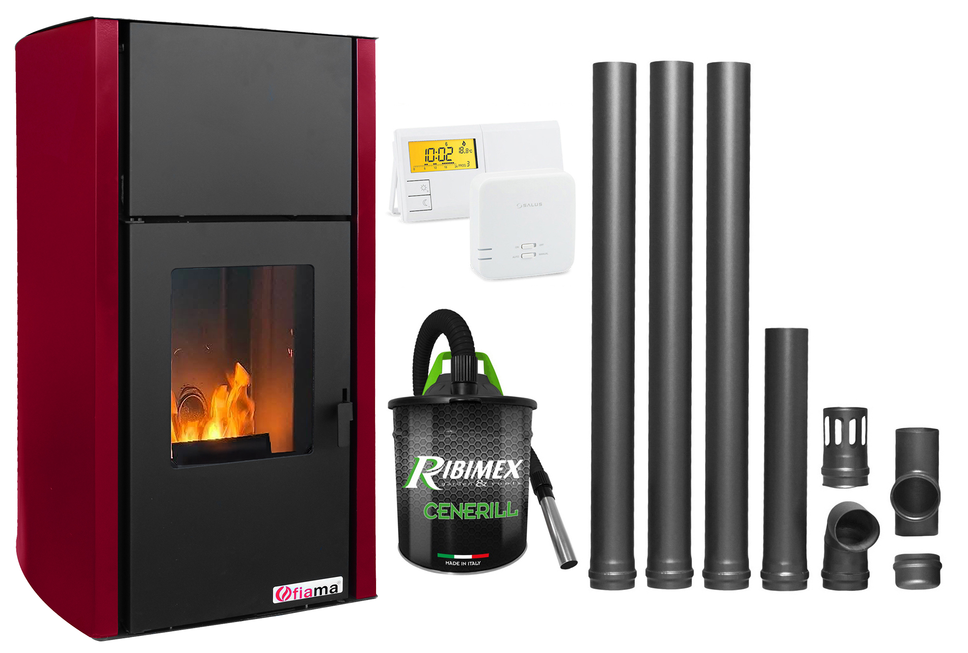 Pachet Termosemineu pe peleti Fornello Fiama Confort 25 kw, culoare Bordeaux, complet echipat pentru incalzire, Pompa, Vas expansiune, Automatizare, Termostat Radio Comanda Salus 091FLRFV2, Aspirator Cenusa si Kit evacuare 3.5 ml