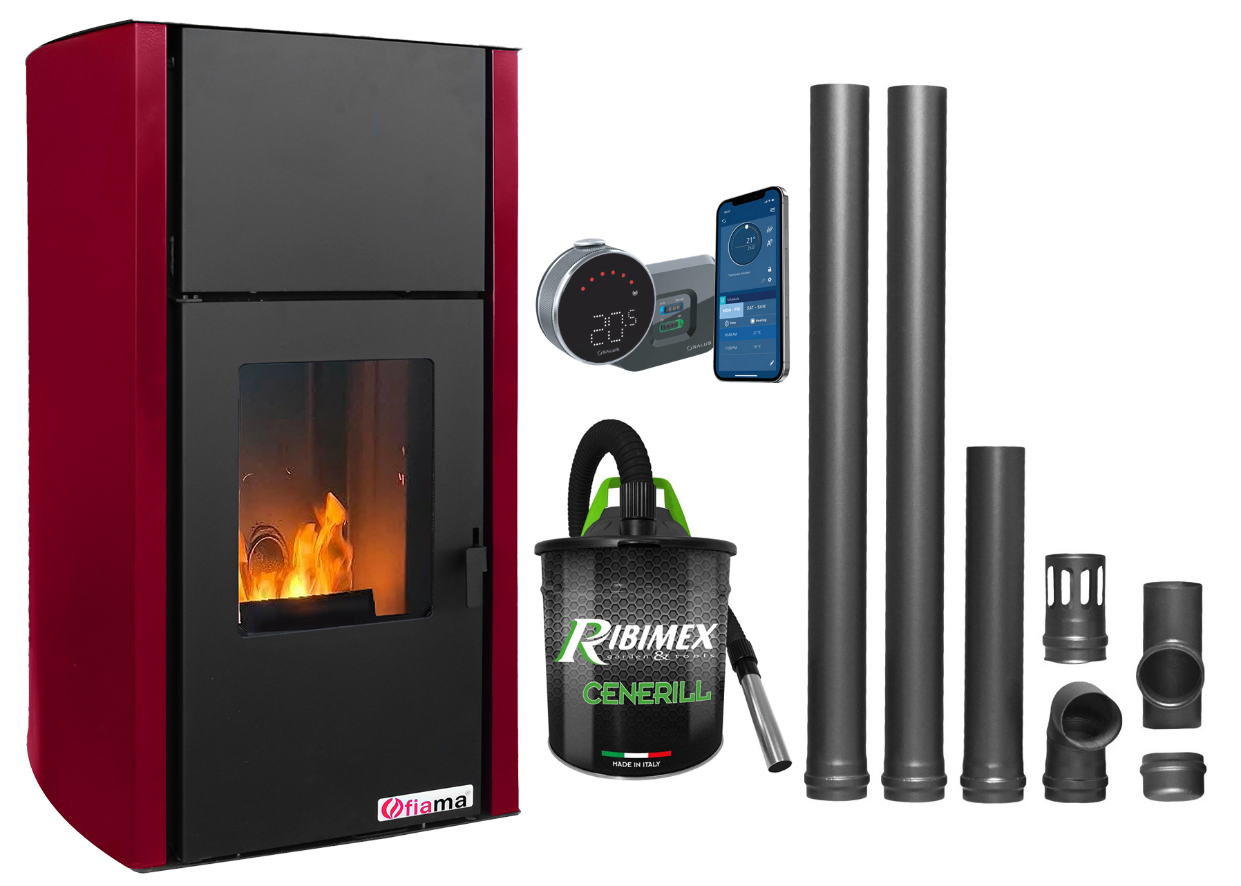 Pachet control de la distanta, Termosemineu pe peleti Fornello Fiama Confort 25 kw,  culoare Bordeaux, complet echipat pentru incalzire, Pompa, Vas expansiune, Automatizare, Termostat ambiental Salus IT 800, Aspirator Cenusa si Kit evacuare