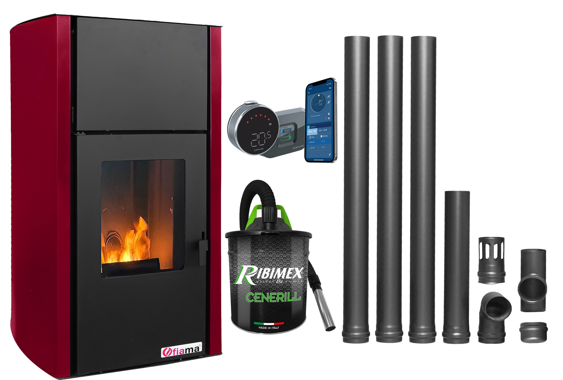Pachet control de la distanta, Termosemineu pe peleti Fornello Fiama Confort 25 kw, culoare Bordeaux, complet echipat pentru incalzire,Kit evacuare 3.5 ml, Pompa, Vas expansiune, Automatizare, Termostat ambiental Salus IT 800, Aspirator Cen