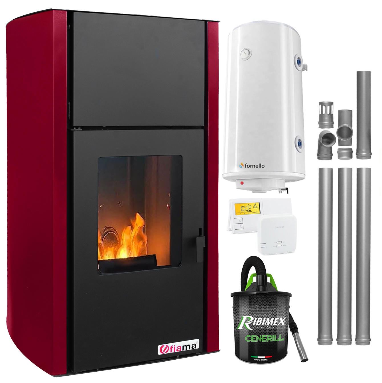 Pachet Termosemineu pe peleti Fornello Fiama Confort 25 kw, culoare Bordeaux, complet echipat pentru incalzire, Pompa, Vas expansiune, Automatizare, Boiler 100 litri, Termostat Salus 091FLRFV2, Aspirator Cenusa si Kit evacuare 3.5 ml
