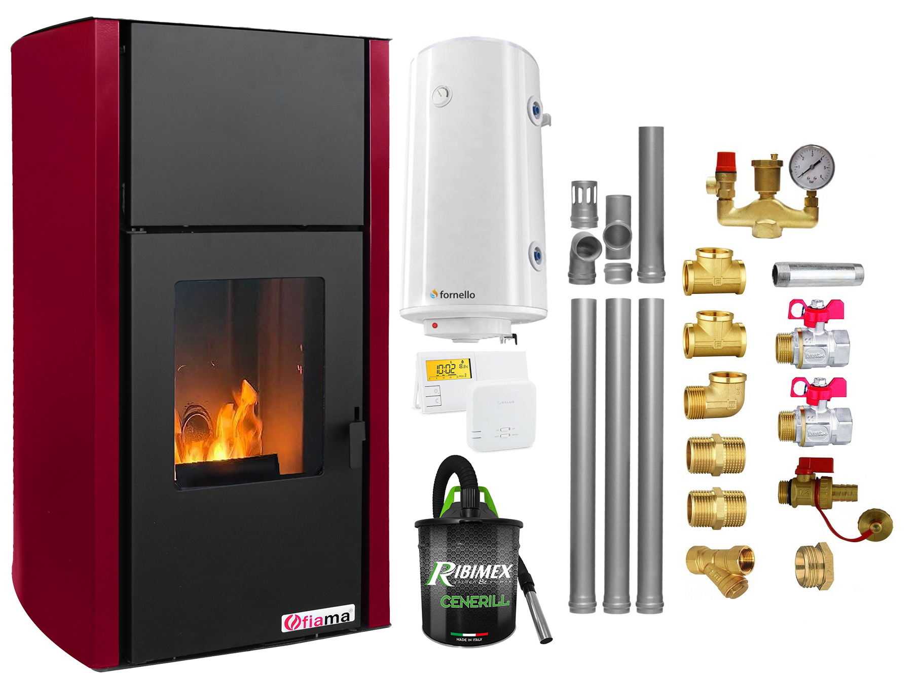 Pachet Termosemineu pe peleti Fornello Fiama Confort 25 kw, culoare Bordeaux, complet echipat pentru incalzire, Pompa, Vas expansiune, Automatizare, Boiler 100 litri, Termostat Salus 091FLRFV2, Aspirator, Kit evacuare 3.5 ml si Fitinguri mo