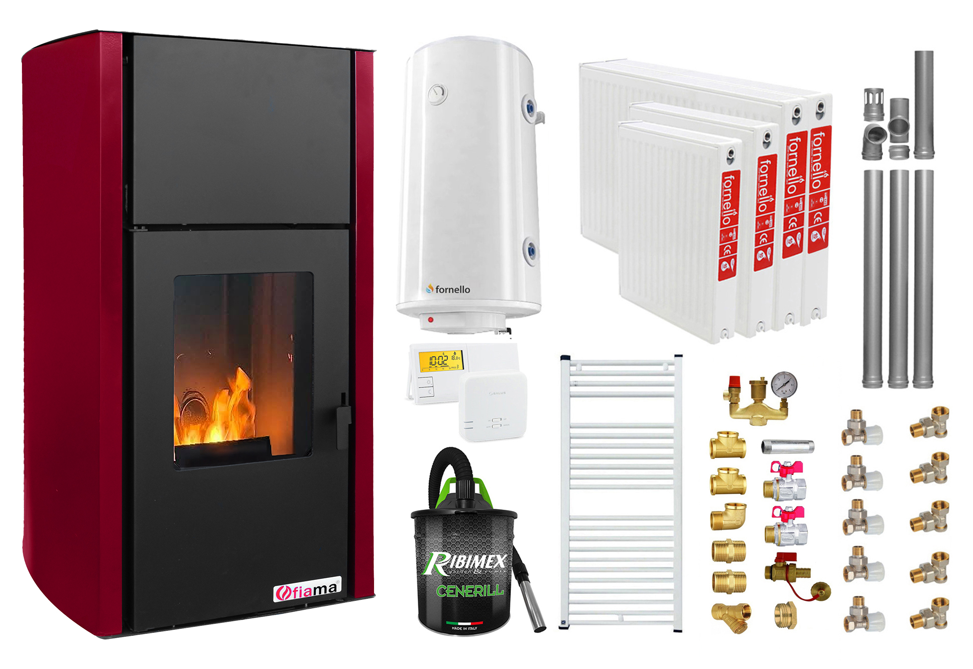 Pachet Termosemineu pe peleti Fornello Fiama Confort 25 kw, culoare Bordeaux, complet echipat pentru incalzire, Pompa, Vas expansiune, Automatizare, Radiatoare otel, Boiler 100 litri, Termostat, Aspirator, Kit 3.5 ml si Fitinguri montaj