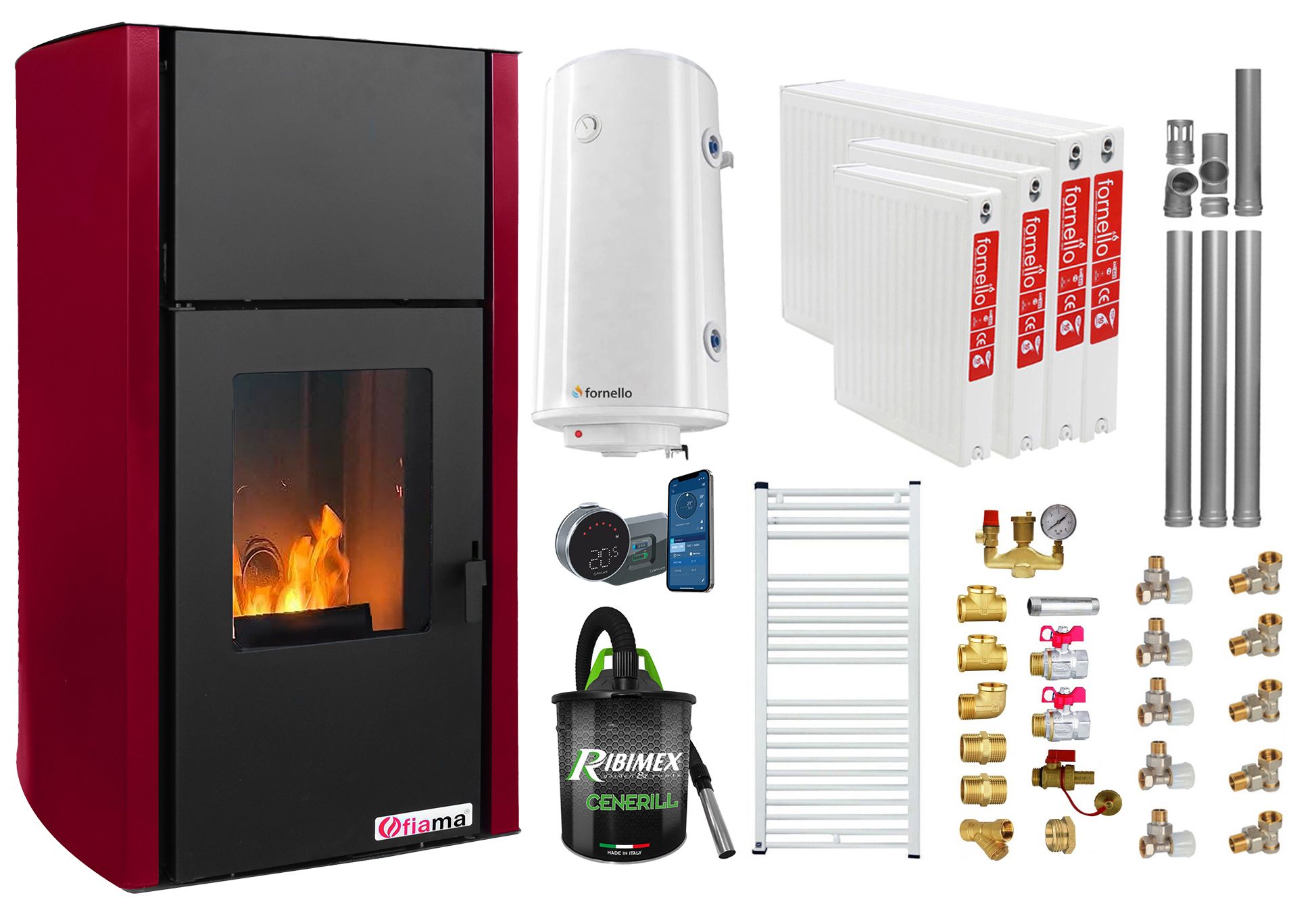 Pachet control de la distanta, Termosemineu pe peleti Fornello Fiama Confort 25 kw, culoare Bordeaux, Pompa, Vas expansiune, Automatizare, Radiatoare otel, Boiler 100 litri, Termostat, Aspirator, Kit 3.5 ml si Fitinguri montaj