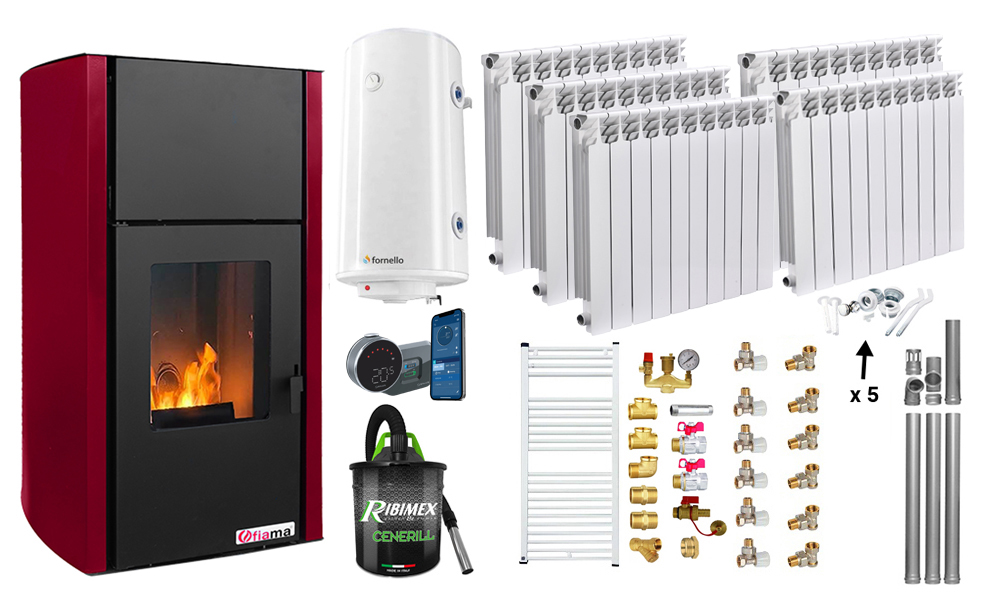 Pachet control de la distanta, Termosemineu pe peleti Fornello Fiama Confort 25 kw, culoare Bordeaux, Pompa, Vas expansiune, Automatizare, Calorifere aluminiu Fornello Alvo, Boiler 100 litri, Termostat, Aspirator, Kit 3.5 ml si Fitinguri mo