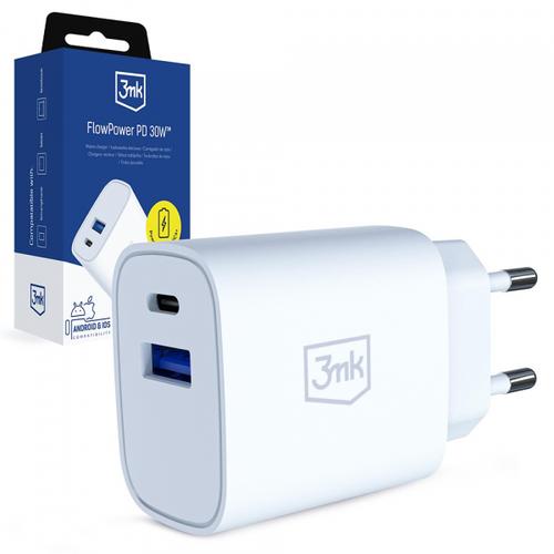 Incarcator Retea 3MK FlowPower, 30W, 1 x USB-A - 1 x USB-C (Alb)