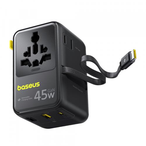 Incarcator Retea Cu Cablu USB-C Baseus Travel PicoGo AG11 E0307F00, 45W, 2 x Priza - 1 x USB-C - 2 x USB-A (Negru)