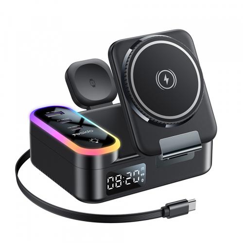 Incarcator Statie Wireless Yesido DS38 Display QI 3in1, 65W, 3A, 1 x USB-A  - 2 x USB-C (Negru)