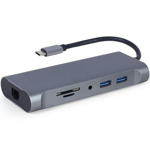 Docking station Gembird 7-in-1, USB-C x 1, USB-A 3.1 x 3, HDMI x 1, VGA x 1, RJ45 x 1, PD 100 W, SD și microSD, audio, Argintiu, A-CM-COMBO7-01