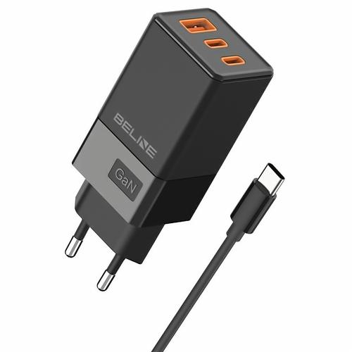 Incarcator Retea Cu Cablu USB-C Beline GaN, 65W, 3A, 1 x USB-A - 2 x USB-C, Negru BLN3CB65C