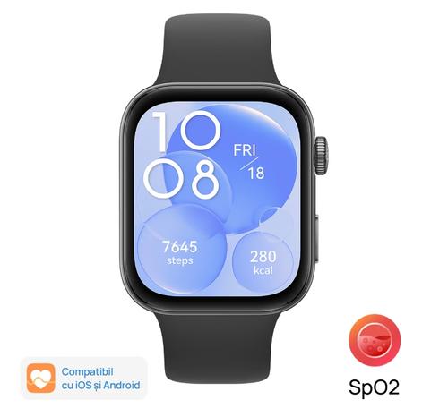 Smartwatch Huawei Watch Fit 3, Bluetooth, GPS, Ecran AMOLED 1.82inch, 100+ Moduri Sport, Monitorizare somn, ritm cardiac, Waterproof 5 ATM (Negru)